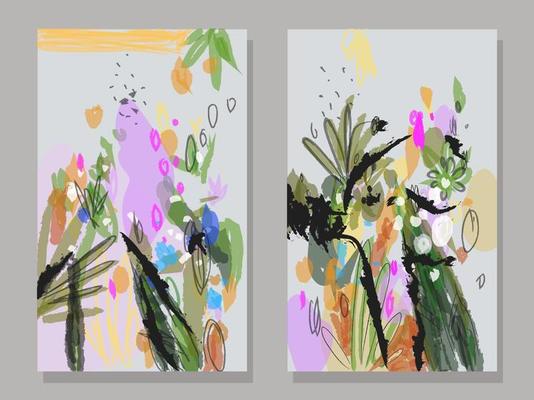 A set of abstract floral,tropical hand drawn vector illustration. Contemporary grunge natural background.