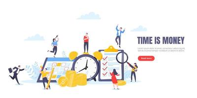 Time is money or saving money business concept. Tiny people working with clock, calendar schedule and checklist symbol. vector