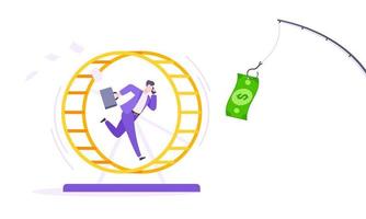 Rat race business concept with businessman running after rod dangling dollar. vector