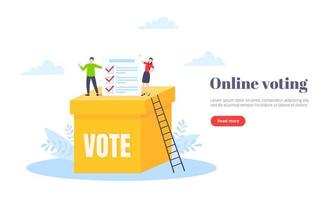 Online voting concept flat style design vector illustration. Tiny people with voting poll online survey working together.