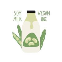 Soy milk in a cartoon bottle. Vegan milk. Packaging. Vector hand drawn illustration.