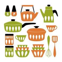 Mid Century Modern Kitchen Poster. Collection of cooking utensil. Vector clipart.