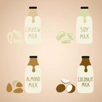 Set of vegan milk in a cartoon bottles. Soy, cashew, coconut, almond. Packaging. Vector hand drawn illustration.