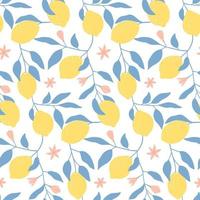 Hand drawn seamless pattern with fresh lemons, leaves and flowers. Colorful summer wallpaper . Citrus fruits collection. Vector background. Good for printing.