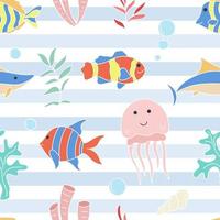 Marine underwater seamless striped pattern with fish and algae vector