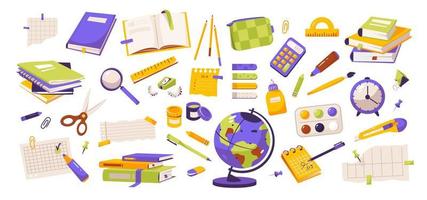 Office supplies. Stacks of books, notebooks, writing supplies for the office and school. Back to school. Flat vector illustration