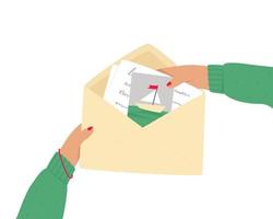 An open envelope in hands with a letter and a postcard on a white background vector