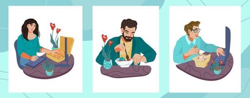 conjunto de personajes de dibujos animados de personas que comen y trabajan. hora del almuerzo o la cena en la oficina o en casa. alimentos y dietas saludables y no saludables. ilustración vectorial plana aislada. vector
