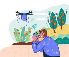 Smart farming system and agricultural wireless technology with farmer remotely controlling drone. Distance industrial innovation for crop production. Cartoon vector illustration.