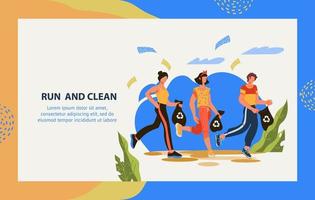 Run to clean the header in web banner template for plogging marathon. Environmental volunteer initiative to clean streets and parks from waste and garbage. Earth day concept. Flat vector illustration.