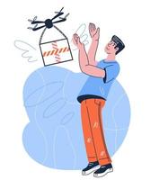 Drone delivery of parcels and online purchases. Man getting  order from  delivery service,  flat vector illustration isolated.