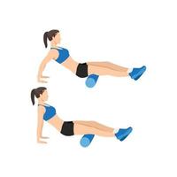 Woman doing Foam roller hamstring stretch exercise. Flat vector illustration isolated on white background