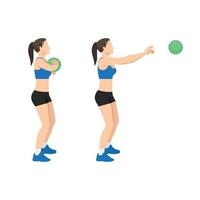 Woman doing Medicine ball chest pass exercise. Flat vector illustration isolated on white background