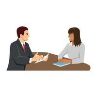 Interview, Negotiation, Meeting Flat Landing Page Mockup. Cartoon Man and Woman Characters Having Business Conversation. HR Manager and Job Seeker Sitting at Office Table. Vector Illustration