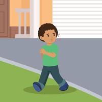 Cute little boy strolling around. Walking while whistling. relax flat vector illustration