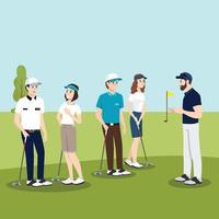 Relaxing kind of sports for rich people, characters playing golf at court. Hitting with club on field. Automobile for personages, outside summer hobbies and entertainment, vector in flat style