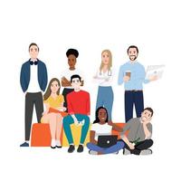 equipo multinacional de negocios. ilustración vectorial de diversos hombres y mujeres de dibujos animados de varias razas, edades y tipos de cuerpo en trajes de oficina. aislado en blanco