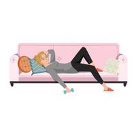 Apathetic young woman lying on sofa in messy room or apartment. Lazy girl resting on couch at home. Apathy and indifference. Flat cartoon vector illustration.