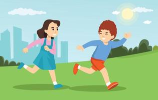 Cute little children are playing in the park together. Happy kids are having fun. Run and chase each other vector