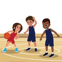 Basketball Player Child Set Vector. Poses. Leads The Ball. Sport Game Competition. Sport. Isolated Flat Cartoon Illustration vector