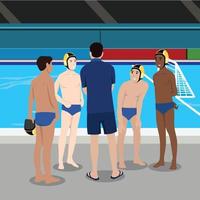 A vector illustration of water polo athletes in a meeting before match for sport competition series