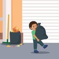 Little boy holding stinky trash bag and throwing it on recycle bin. Flat vector illustration isolated on white background