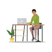 Set of smiling young male typical office worker in a business smart casual wear, sitting at office desk, working at the monoblock, looking at screen, rear and front view, isolated, white background vector