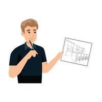 Illustration of a man Interior Designer holding a blueprint and Planning the Design of a Room vector