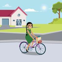 linda niña montando bicicleta, actividad de verano al aire libre en estilo de dibujos animados sobre fondo blanco vector