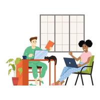 Woman and man working at desk and on sofa from home. Couple have a lot of work. Woman working with laptop at her work desk and testing ui and ux. Vector illustration of student studying at home.