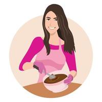 Brunette girl in kitchen mixing cake mix with spoon vector