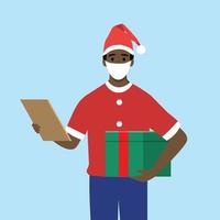 un mensajero con una máscara protectora y un sombrero de navidad. entrega de regalos de año nuevo durante la pandemia y la cuarentena del coronavirus, covid-19. vector