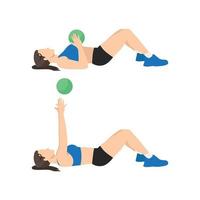 Woman doing Medicine ball floor press. Laying chest passes exercise. Flat vector illustration isolated on white background