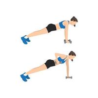 Woman doing Plank and Row or Renegade row exercise. Flat vector illustration isolated on white background