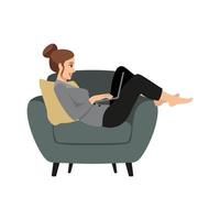 Happy woman sitting on sofa with laptop. Flat style modern vector illustration.