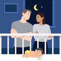 Cute parents couple watching little baby sleeping peacefully in crib with pacifier vector