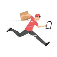 courier boy running delivery package box to customer, express delivery service symbol cartoon flat illustration vector isolated in white background