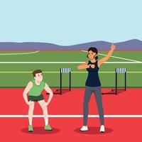 Runner Athlete Running Sprint Track Sport Competition. woman coach training. Flat Vector Illustration