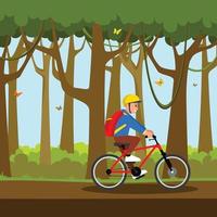 happy cute kid boy riding bike smile. flat vector illustration isolated on forest background