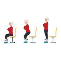 Old woman sit to stand exercise. Once standing, raise your head so you are looking forward and pull the shoulders down and back. Slowly lower yourself back down to sitting. vector