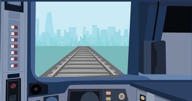 Train driver in cabin of a modern train. Interior control place of train. Inside view. Flat vector illustration of dashboard.