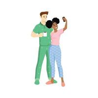 Happy couple are take selfie wearing pajama. Man and woman are photographed together. Vector illustration in a flat style