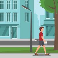 ilustración de un niño caminando por la calle sobre un fondo blanco vector