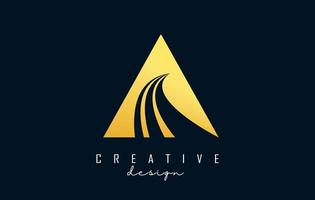 Creative golden letter A logo with leading lines and road concept design. Letter A with geometric design. vector