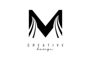 Black letter M logo with leading lines and road concept design. Letter M with geometric design. vector