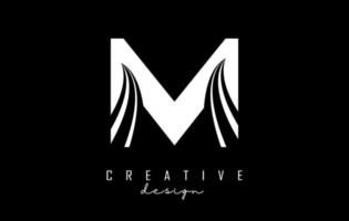 White letter M logo with leading lines and road concept design. Letter M with geometric design. vector