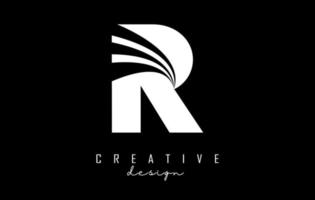 White letter R logo with leading lines and road concept design. Letter R with geometric design. vector