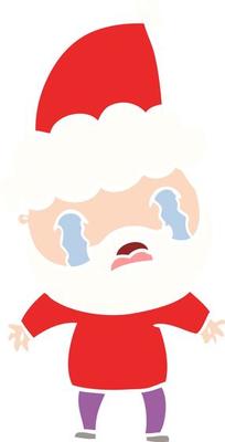 flat color illustration of a bearded man crying wearing santa hat