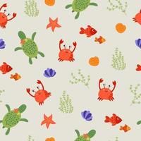 Seamless pattern with turtles, crabs and fishes. vector