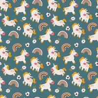 Seamless pattern with unicorns, flowers and rainbows. vector